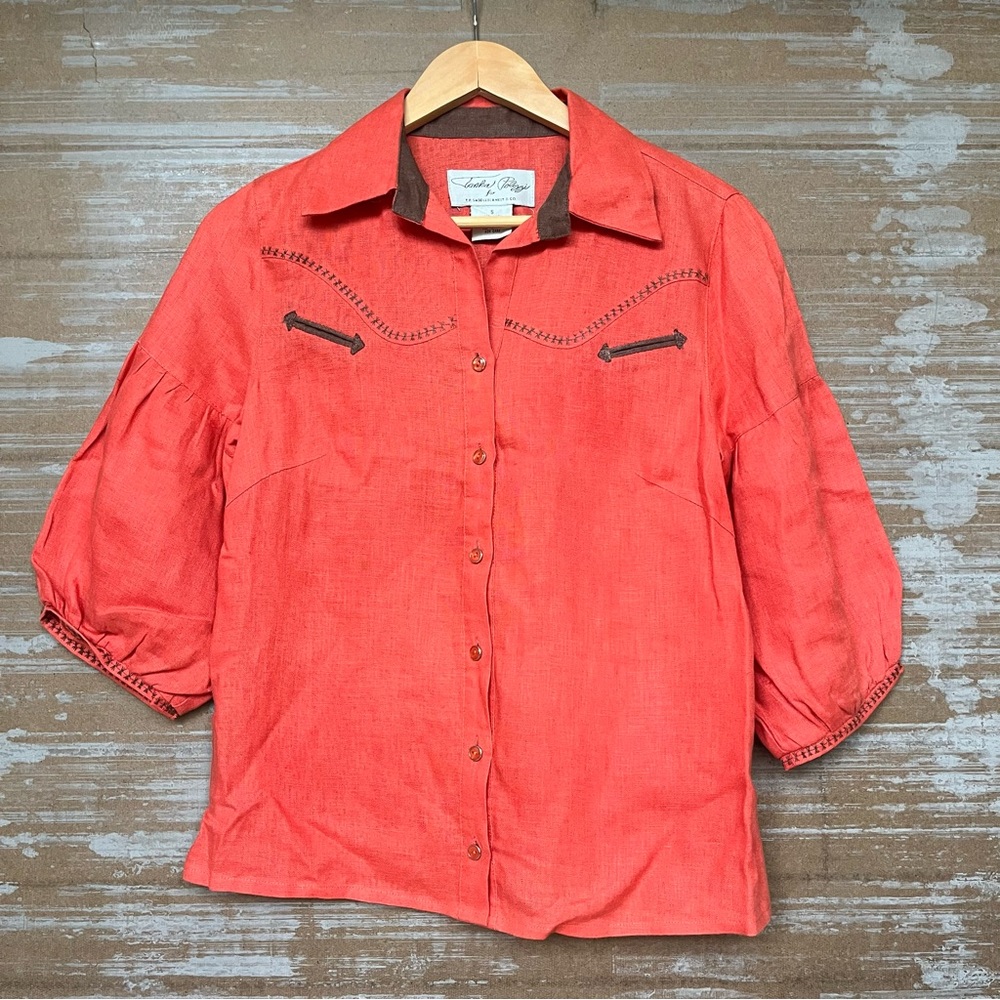 Tasha Polizzi Coral Button-Down Shirt with Brown Trim